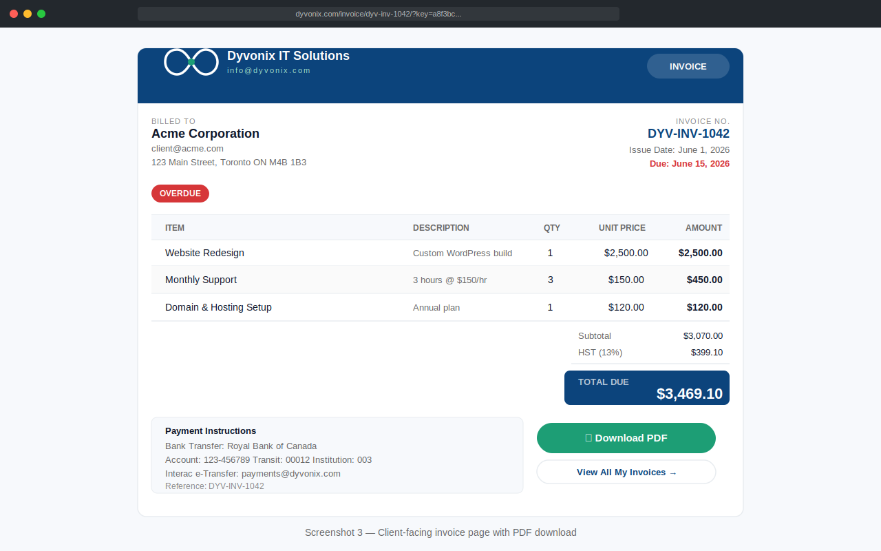 Client-facing invoice page showing professional layout with PDF download